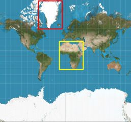 Et kart som markerer Grønland i en rød firkant, og Afrika i en gul firkant for å sammenligne størrelse