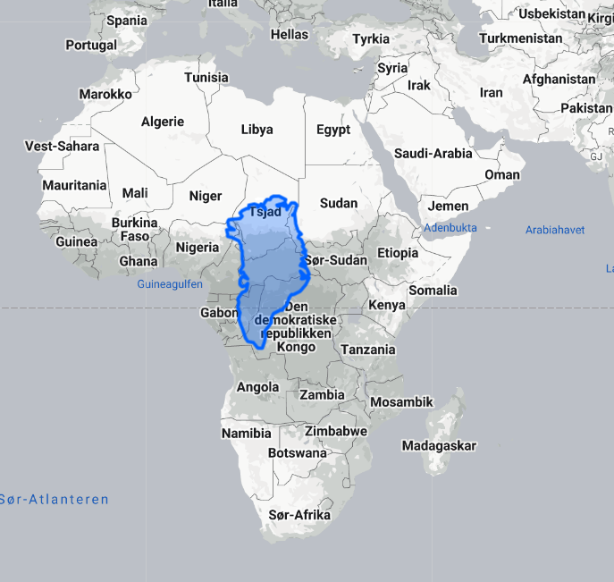 Arealet av Grønland er vist i blått felt på det afrikanske kontinente for å vise størrelse forskjellen på Grønland og Afrika på kart