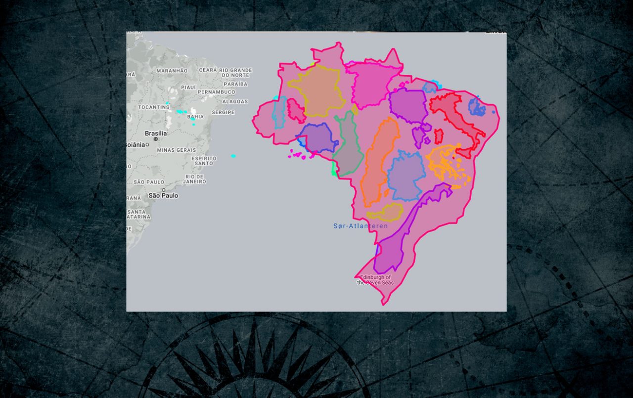 Omrisset av nesten alle EU-landene satt inn i Brasil sine grenser på et kart