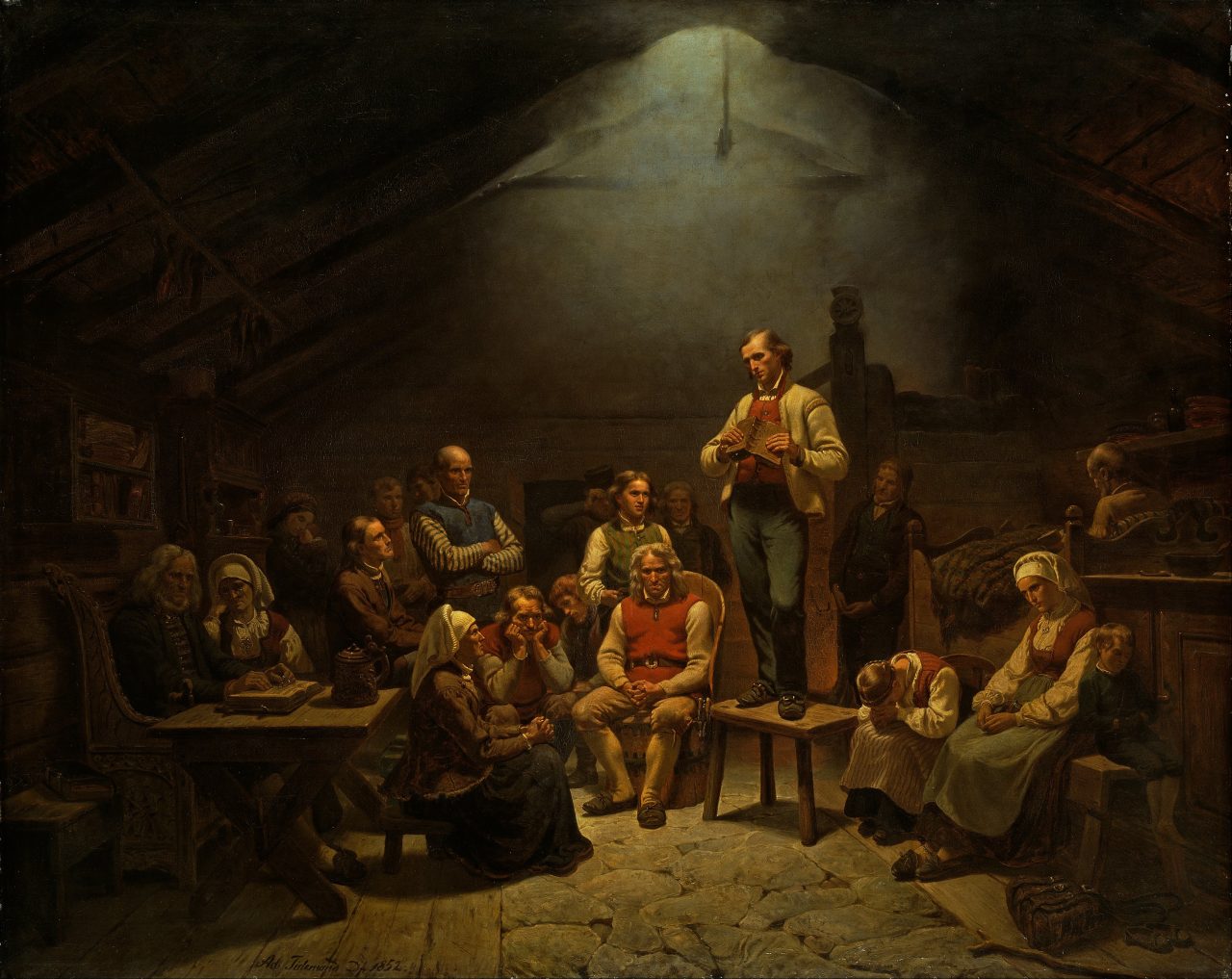 Haugianerne av Adolph Tidemand. En mann kledd står på en stol og snakker til en gruppe mennesker i et dunkelt rom. Maleri fra 1852.