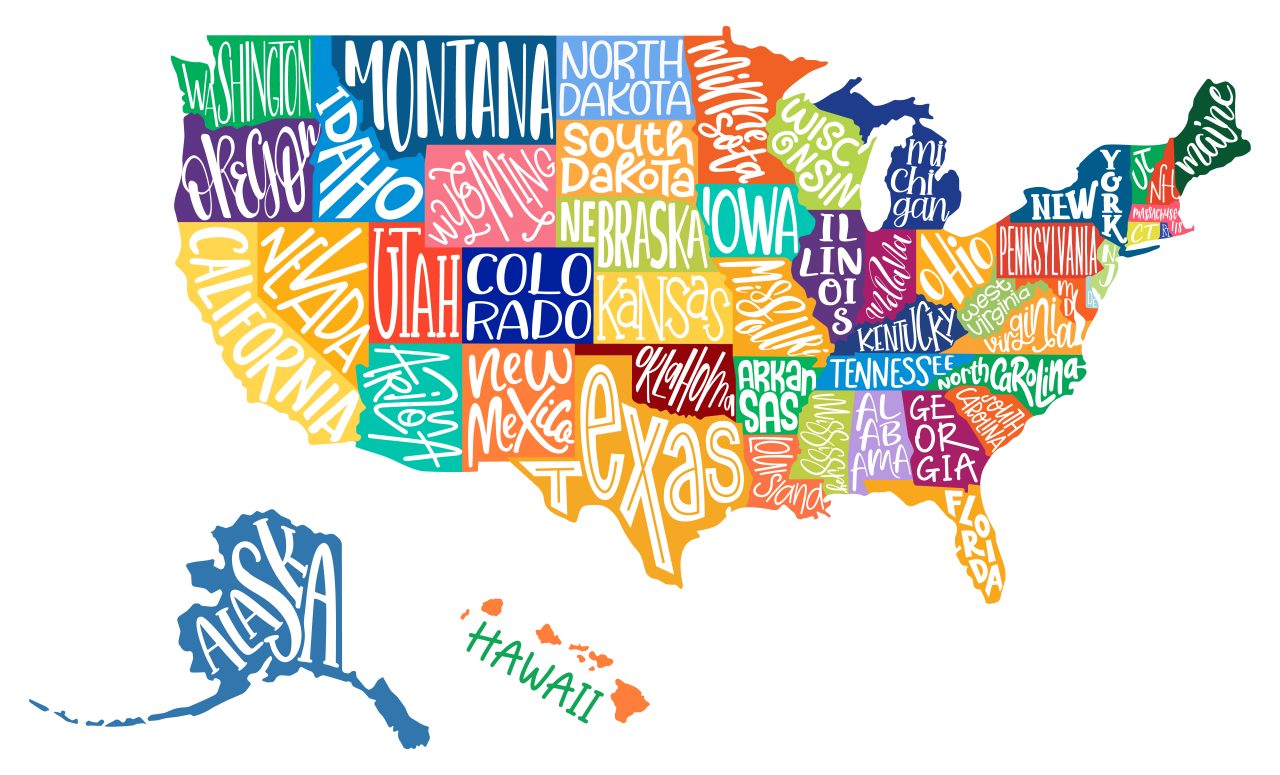 United States of America map with text state names, hand drawn