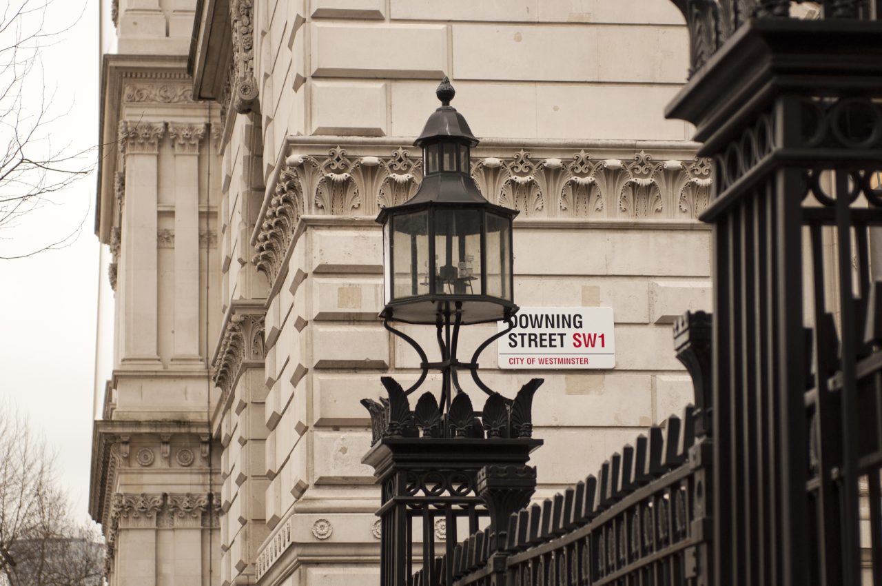 Downing street sign, the street of the Prime Minister in London, UK.