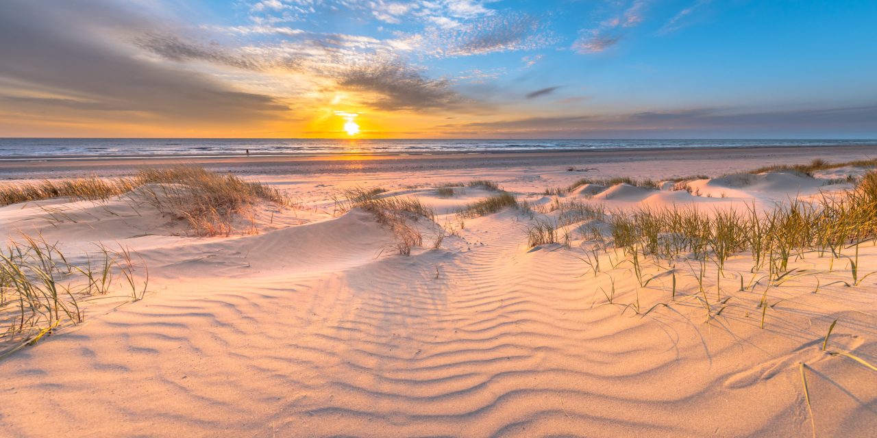 Strand med sanddyner i solnedgang