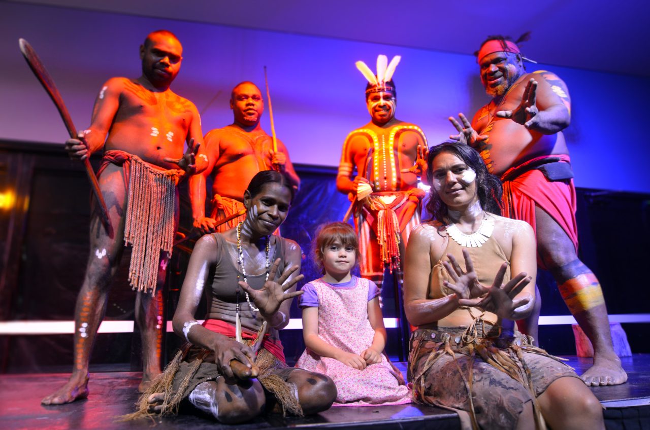 Aboriginal Australian people of the Yirrganydji people at a cultural show in Queensland, Australia. Dressed in traditional costumes