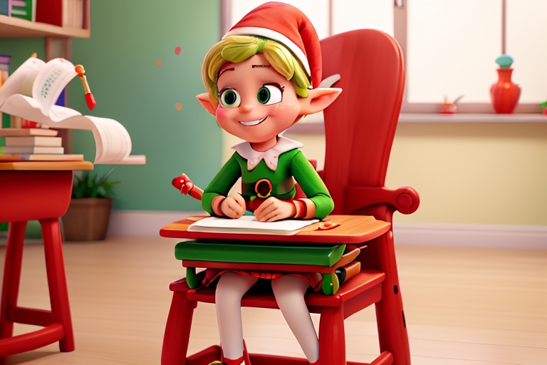 Animert bilde av en alv som sitter på skolebenken.
