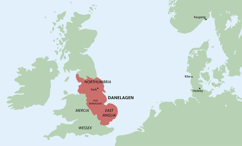 Kart som viser området Danelagen i nåtidens England.