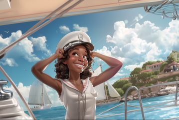 En jente står på en båt og tar på en kapteinshatt, hun er stolt