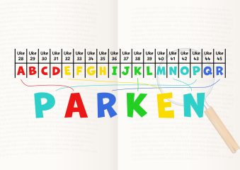 Bildet illustrerer en tabell med bokstavene A til Q plassert i ulike uker fra 28 til 45. Under tabellen er bokstavene "PARKEN" skrevet med fargerike bokstaver som er koblet til tilsvarende bokstaver i tabellen med linjer i forskjellige farger.