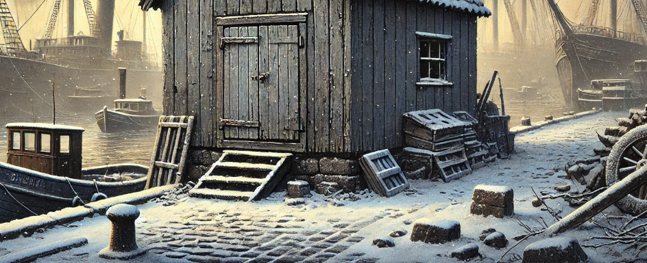 Illustrasjon av et gammelt, grått skur på en brostensbelagt brygge.