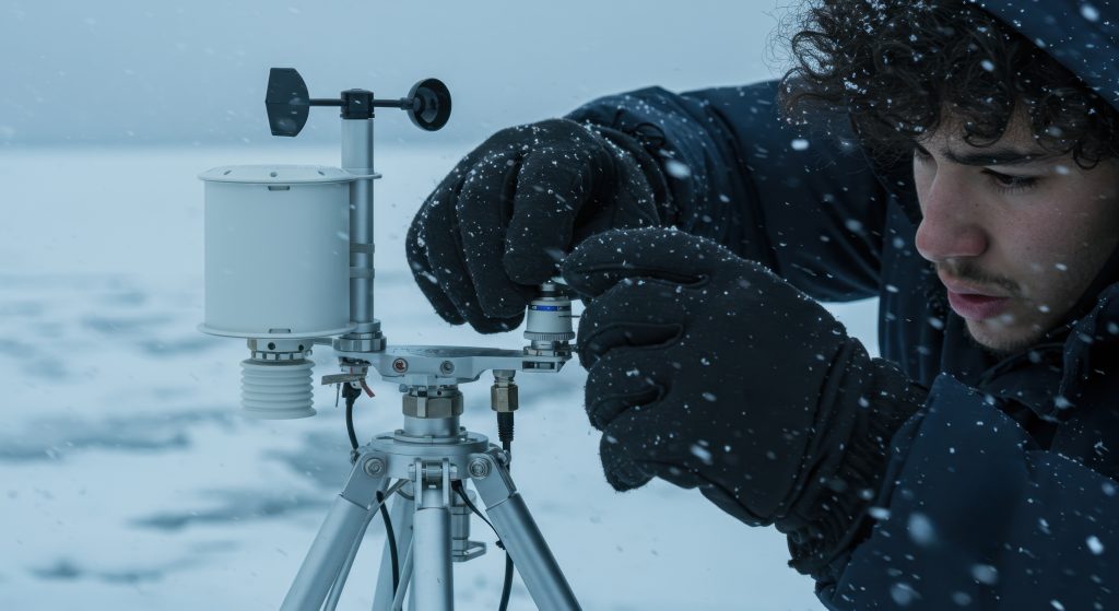 Mann justerer værstasjon i snødekt Arktis. Forsker analyserer klimadata under polarekspedisjon. Vitenskapelig forskning under utfordrende forhold.