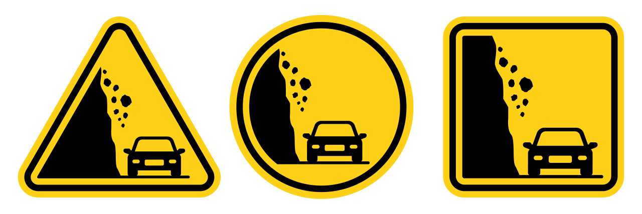 Illustrasjon av skilt som signaliserer steinras