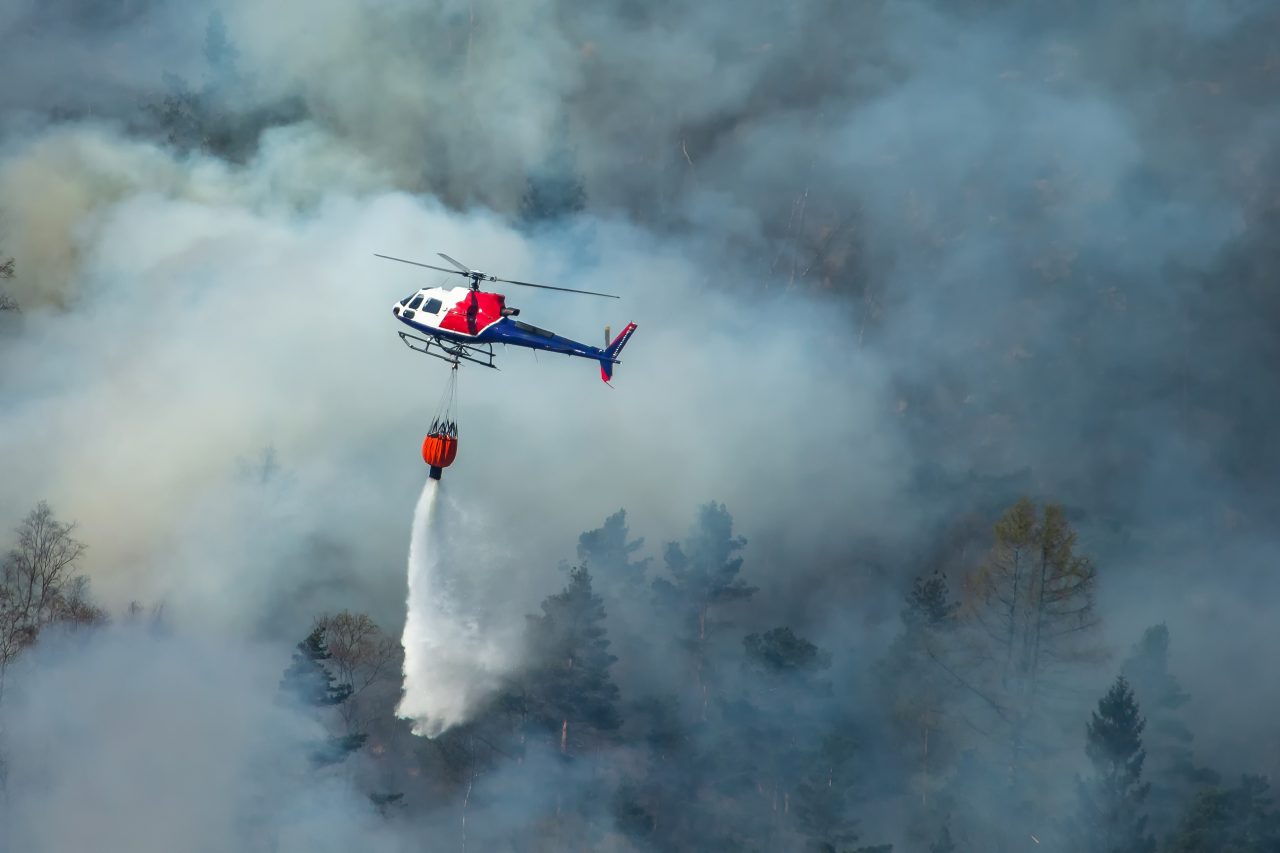 Helikopter slukker skogbrann. Bergen, Norge.