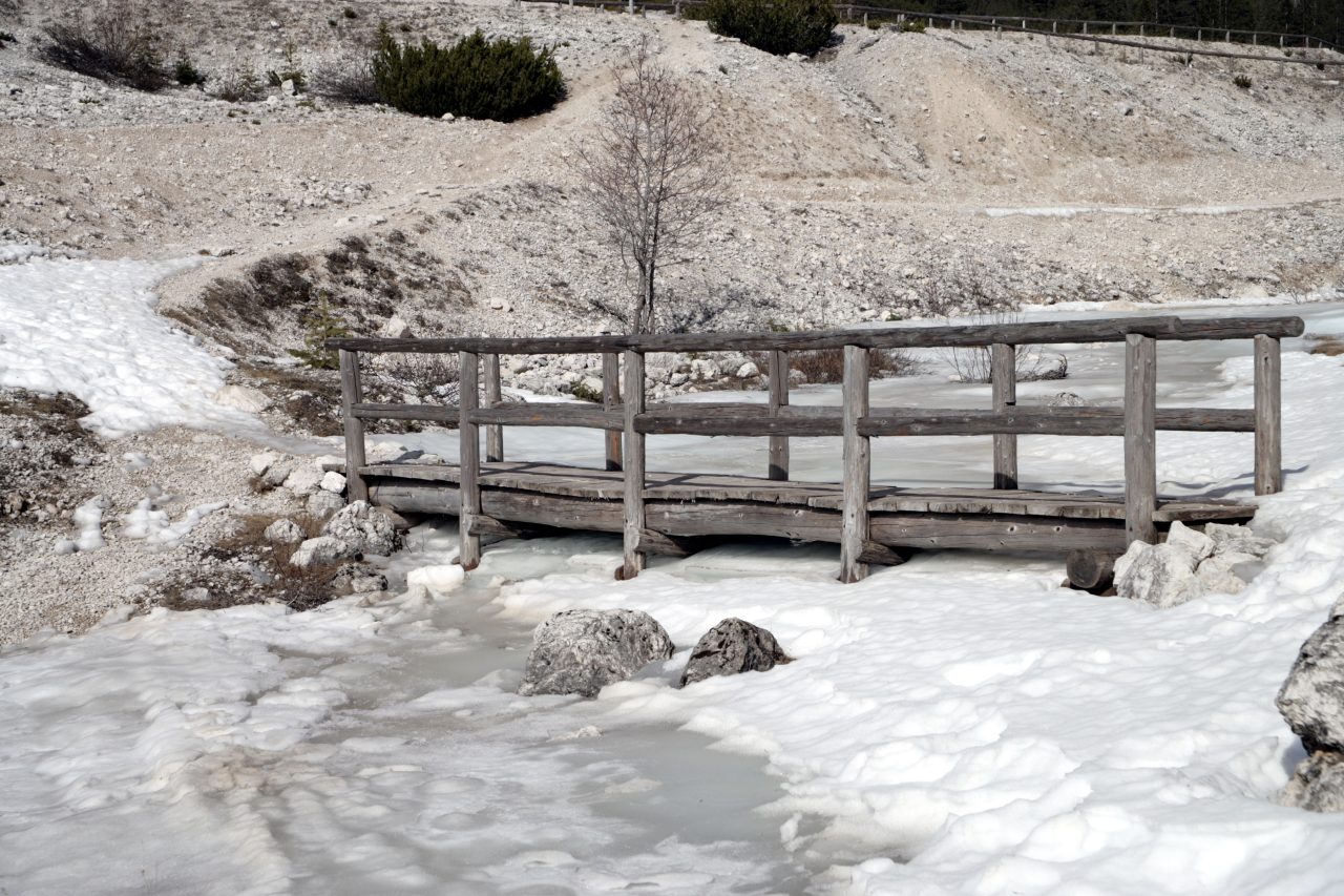 En sparsom bro om vinteren i et ødemarksavfall. Kanskje en konsekvens av avskogingen for vintersporten.