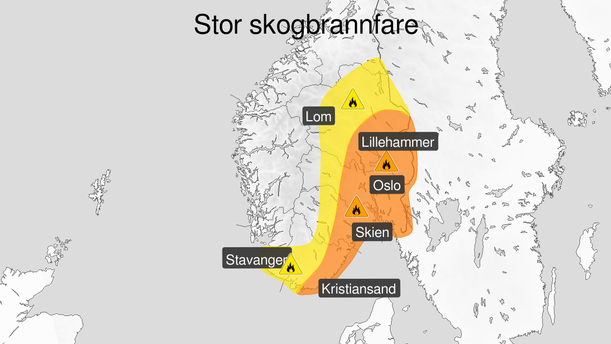 Kart over Sør-Norge som viser områder med stor skogbrannfare, markert i gult og oransje, fra Stavanger til Lillehammer og Lom.