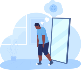 En illustrasjon av en gutt som ikke er fornøyd med utseende sitt.