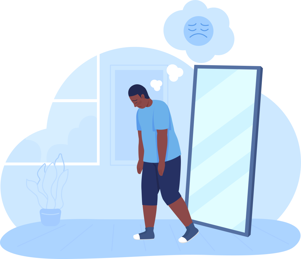 En illustrasjon av en gutt som ikke er fornøyd med utseende sitt.