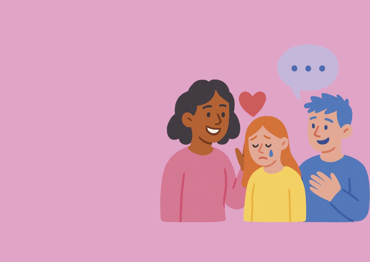 Illustrasjon av tre personer: En glad med et hjerte, en trist med en tåre på kinnet og en som har en snakkeboble