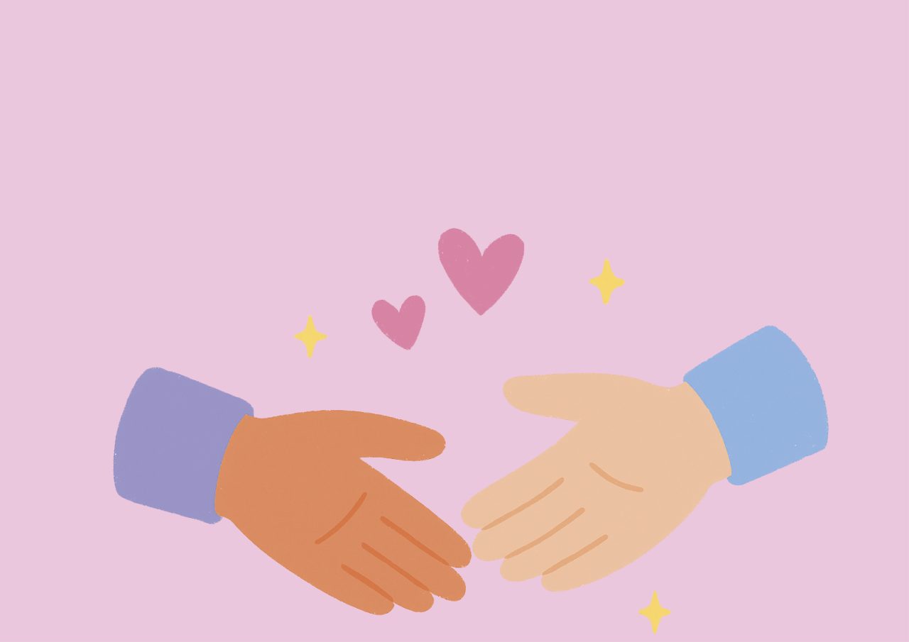 Illustrasjon av to hender som skal ta hverandre i hånden med to hjerter over