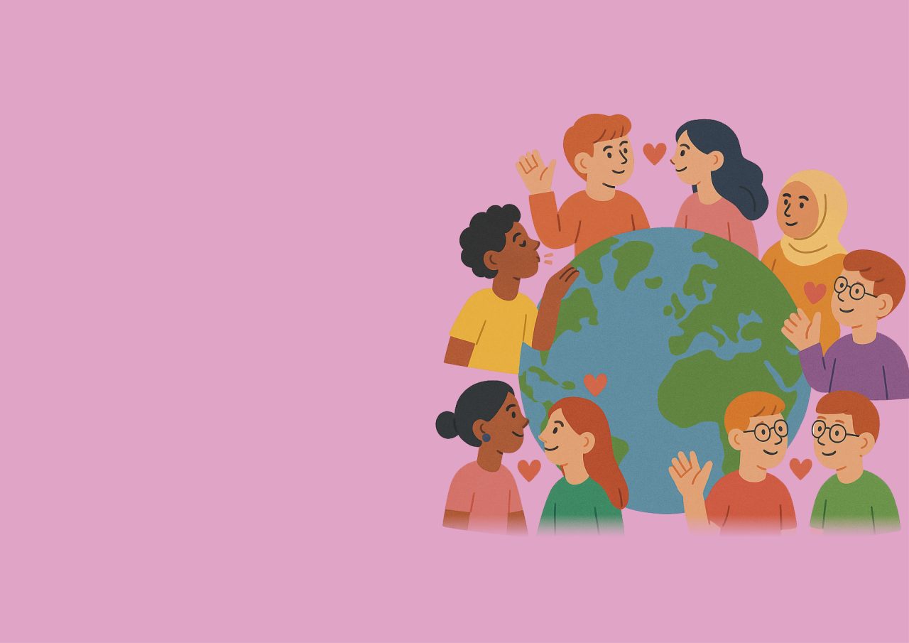 Illustrasjon av et mangfold av mennesker rundt en jordklode som viser kjærlighet til hverandre