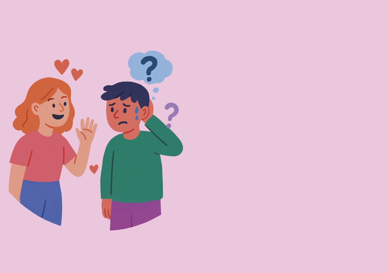 Illustrasjon av en jente og en gutt. Jenten smiler og vinker, gutten er nervøs, svett og har et spørsmålstegn over hode sitt