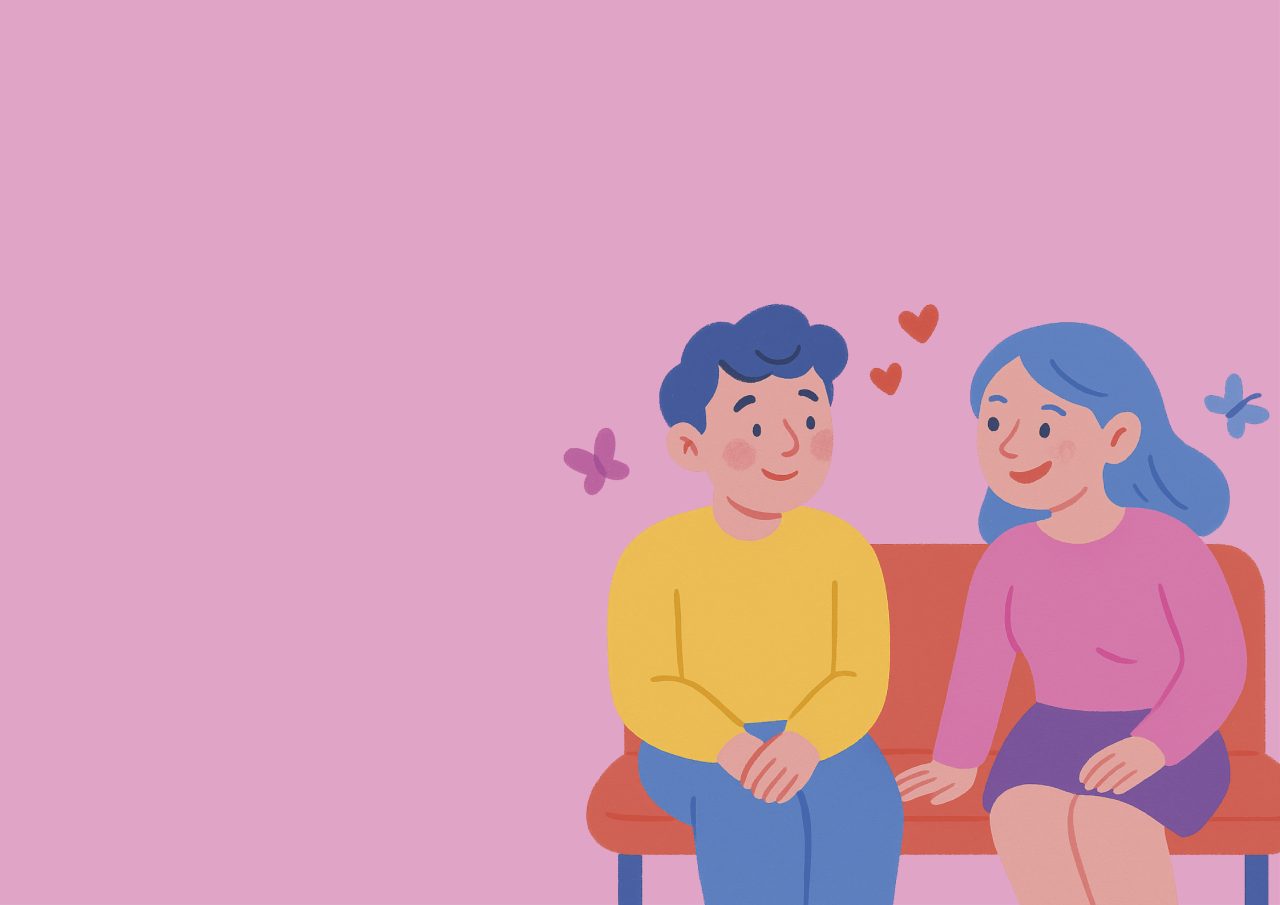 Illustrasjon av en gutt og en jente som sitter på en benk, de ser på hverandre og smiler