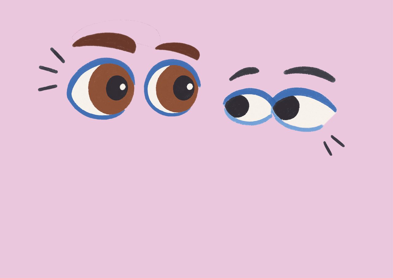 Illustrasjon av to par med øyer som ser på hverandre.