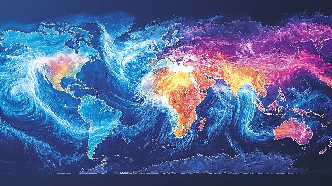 Illustrerende verdensbilde av globale vindsystemer og temperaturvariasjoner.