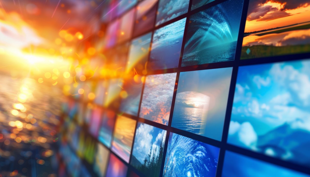 Em fargerik vegg med skjermer som viser ulikt vær.