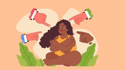 Illustrasjon av en jente som sitter og holder armene i kryss foran seg for å beskytte seg mot omverdenen. Mange hender peker på henne.