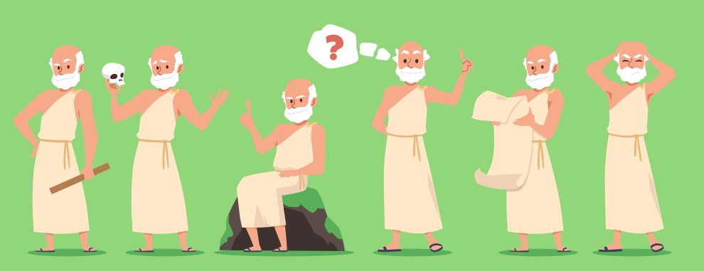 Illustrasjoner av Sokrates i forskjellige positurer.