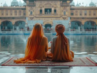 Et sikh-par sitter foran tempelet. Begge er kledt i orange, og vi ser dem bakfra.