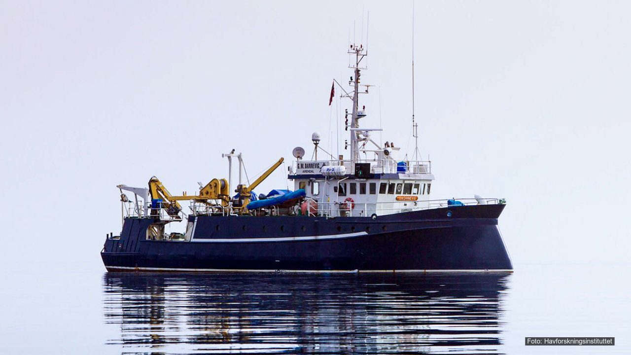 Forskningsfartøyet G.M. Dannevig ligger stille på havet, sett fra siden.