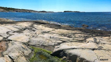 Kystlandskap med svaberg i forgrunnen og rolig hav under klar blå himmel.
