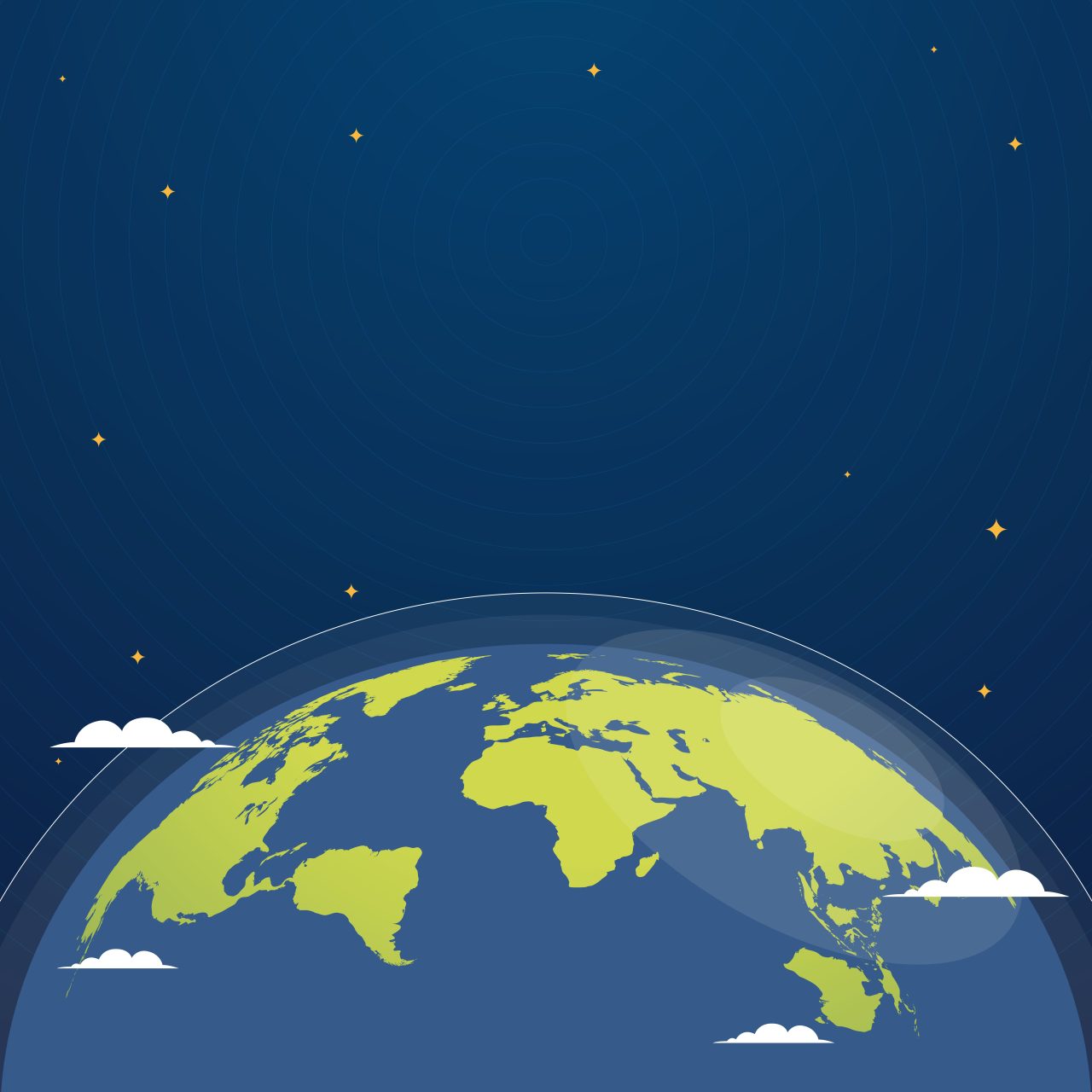 Illustrasjon av jorda sett fra verdensrommet, med kontinenter, stjerner og noen skyer rundt planeten