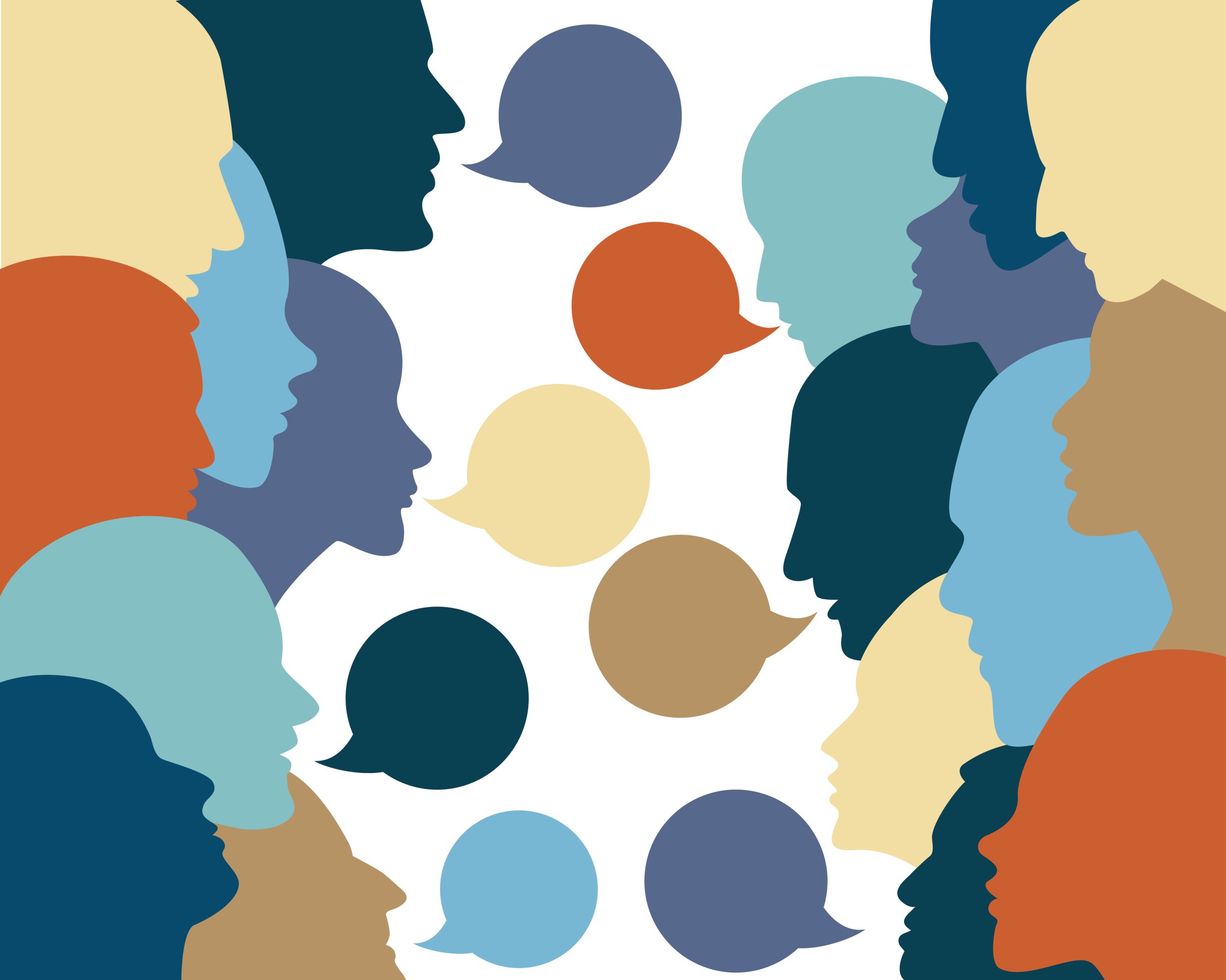 Illustrasjon av ulike hoder som står mot hverandre med snakkebobler i mellom dem.