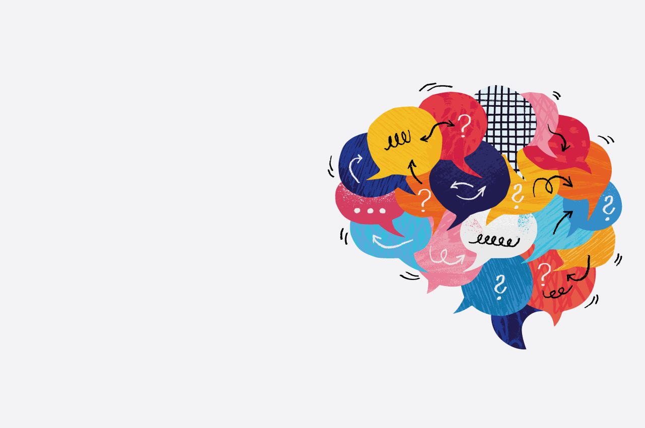 Fargerike tale-bobler formet som en hjerne med flere spørsmålstegn