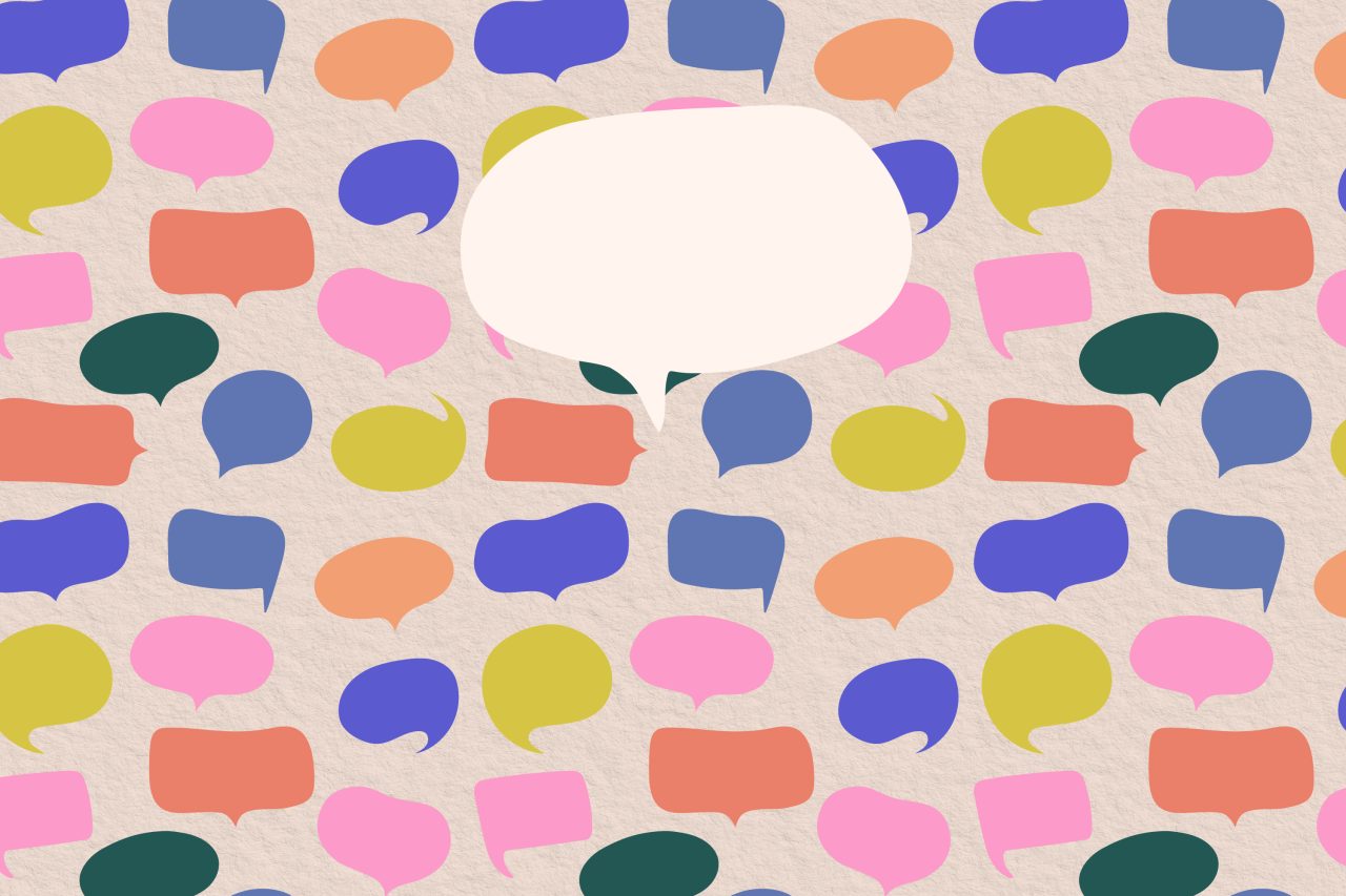 Mange tale-bobler med en stor i midten