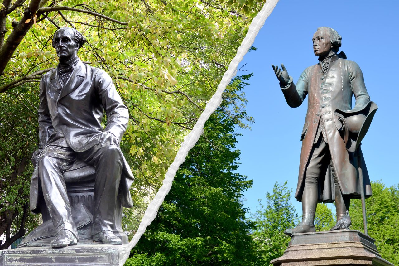 Statue av John Stuart Mill og Immanuel Kant