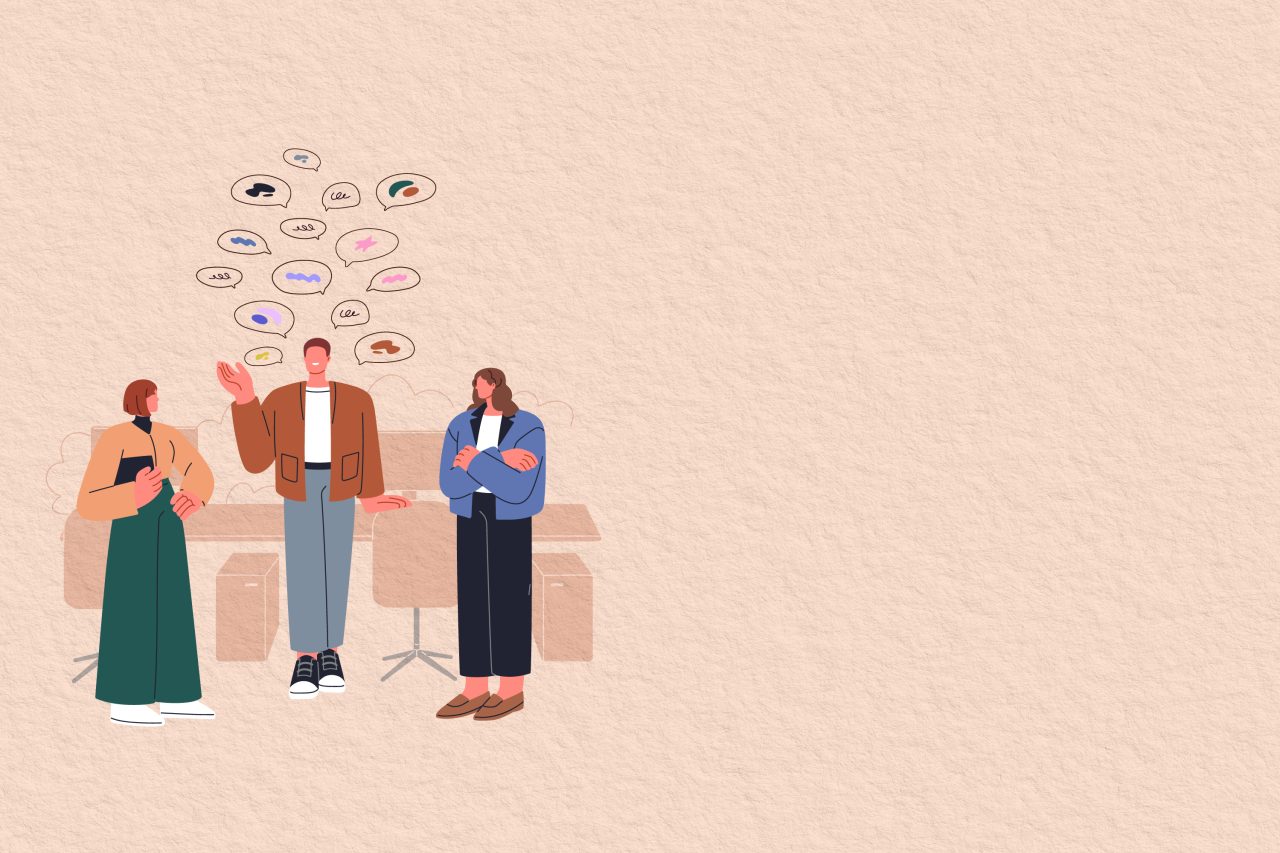 Tre personer i samtale, hvorav én har mange snakkebobler over hodet