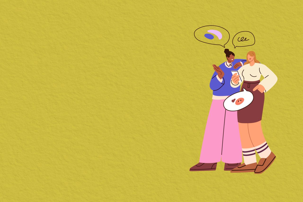 To illustrerte figurer, hvor den ene holder en mobiltelefon og den andre snakker