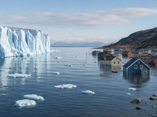 Bildet viser en smeltet isbre og oversvømt fjord der hus står halvveis under vann.