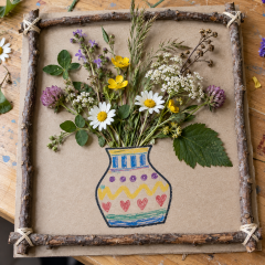 Kartongplate med en fargelagt vase pålimt blomster, strå og kvister fra naturen som en bukett.
