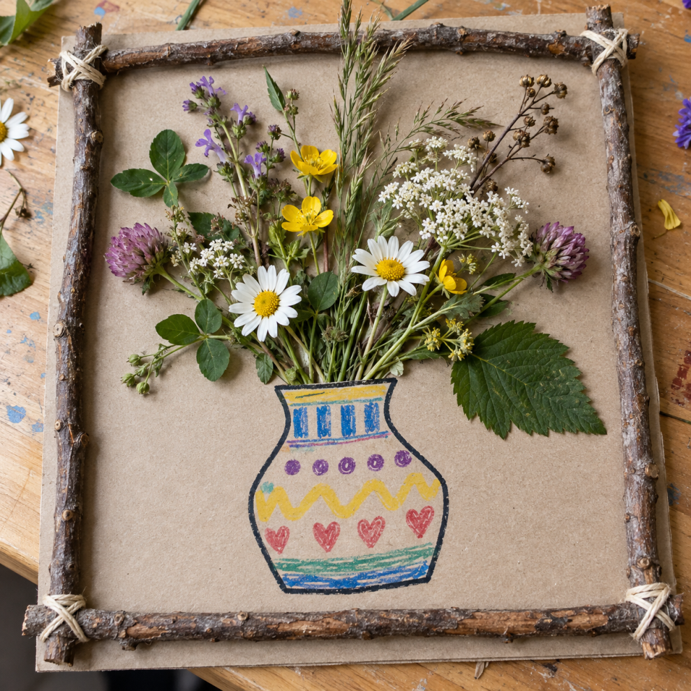 Kartongplate med en fargelagt vase pålimt blomster, strå og kvister fra naturen som en bukett.